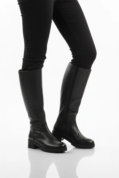 Ayakmod Siyah Hakiki Deri İçi Polarlı Kaymaz Kadın Çizme 26900-1 Z