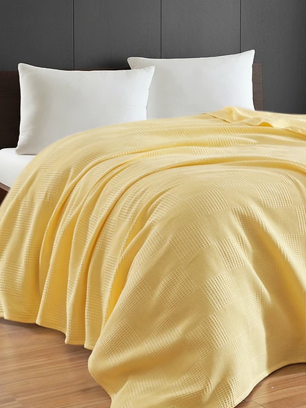 %100 Pamuk Pike Battal Boy Örtü – Karo Desen Sarı Renk, 240x230 cm ürün görseli 1