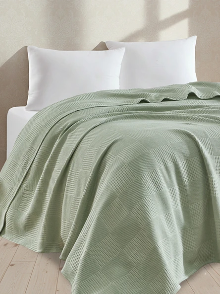 %100 Pamuk Pike Battal Boy Örtü – Karo Desen Çağla Yeşili Renk, 240x230 cm ürün görseli 1