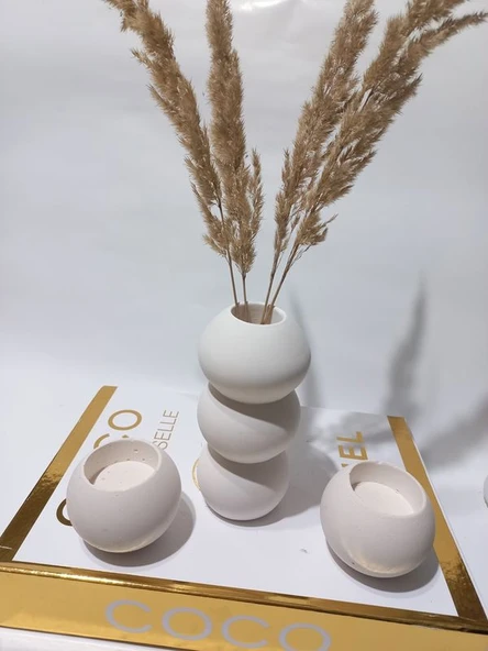 BALON VAZO İKİLİ MUMLUK SET BEYAZ DEKOR ürün görseli 1