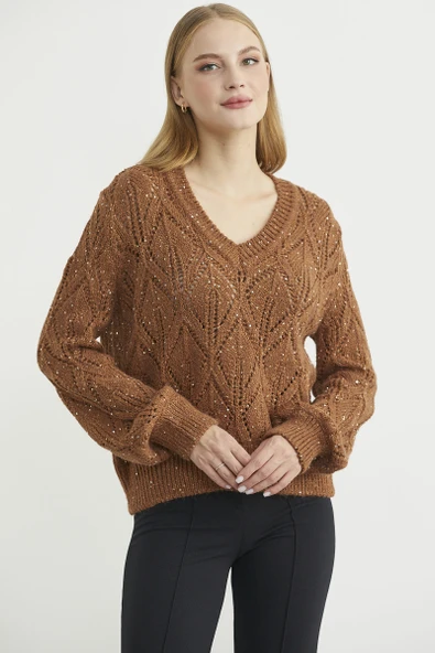 Delikli V Yaka Pullu Triko Kazak - Taba - 2