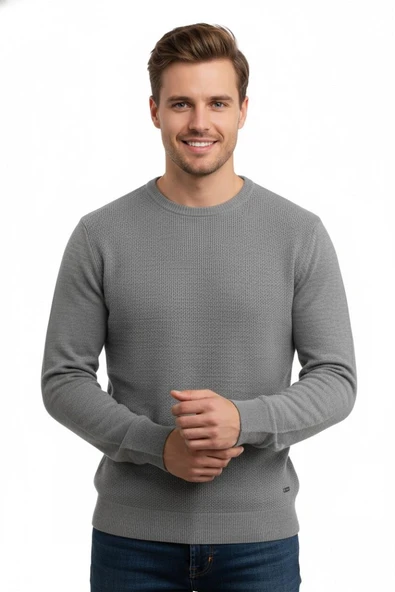 Erkek Sıfır Yaka Kazak Petek Örgü Klasik Kalıp 5243C BGL-ST04859 - Resim 5