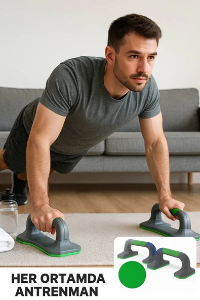 Kaymaz Tabanlı Push-Up Standı – Ev ve Salon Kullanımına Uygun Güçlü Destek Aparatı Yeşil - Resim 4