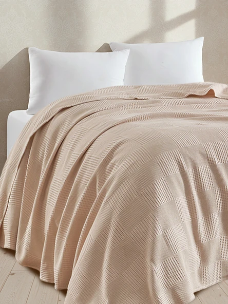 %100 Pamuk Pike Battal Boy Örtü – Karo Desen Bej Renk, 240x230 cm ürün görseli 1