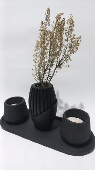 PAMPAS VAZOLU TABAKLI İKİLİ TEALİGHT MUMLUK SET SİYAH DEKOR - Resim 2
