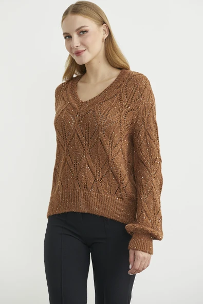 Delikli V Yaka Pullu Triko Kazak - Taba - 4