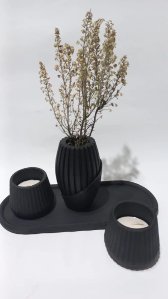 PAMPAS VAZOLU TABAKLI İKİLİ TEALİGHT MUMLUK SET SİYAH DEKOR - Resim 3