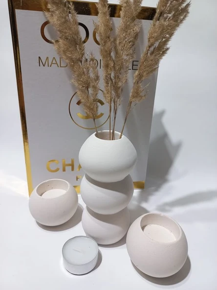 BALON VAZO İKİLİ MUMLUK SET BEYAZ DEKOR - Resim 2