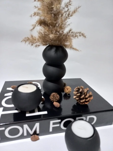 BALON VAZO İKİLİ MUMLUK SET SİYAH DEKOR - Resim 3