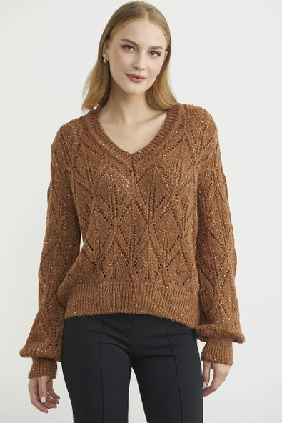 Delikli V Yaka Pullu Triko Kazak - Taba - 3