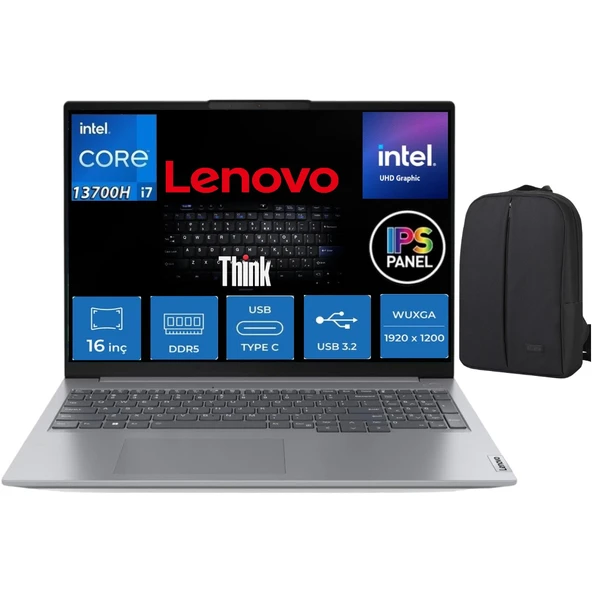 Thinkbook 16 Intel Core I7-13700H 16GB Ddd5 1tb SSD WINDOWS11 Pro 16" IPS (1920X1200) Wuxga 300NIT Taşınabilir Bilgisayar & Cimete Çanta ürün görseli 1