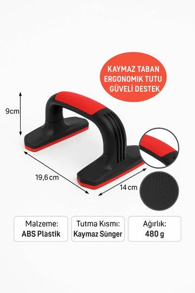 Kaymaz Tabanlı Push-Up Standı – Ev ve Salon Kullanımına Uygun Güçlü Destek Aparatı Kırmızı - Resim 5