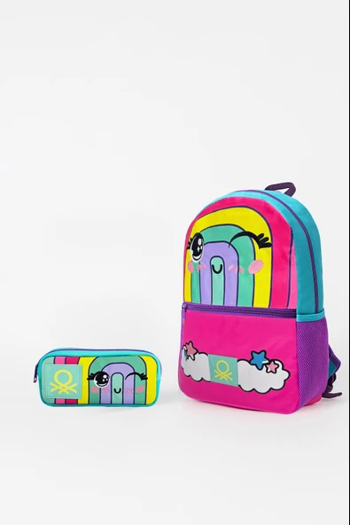 Gökkuşağı Desenli İkili İlkokul Çantası Seti(İlkokul Sırt Çantası, Çift Gözlü Kalem Kutusu) ürün görseli 1