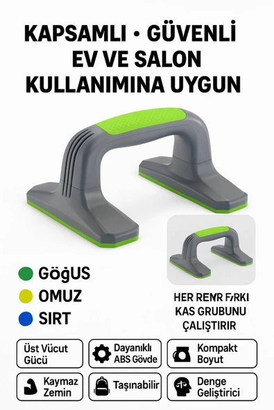 Kaymaz Tabanlı Push-Up Standı – Ev ve Salon Kullanımına Uygun Güçlü Destek Aparatı Yeşil - Resim 6