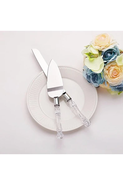 Mucit Home Kristal Saplı Pasta Servis Seti Spatula Bıçak Ikili Set - Resim 2