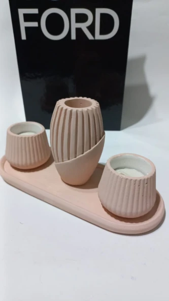 PAMPAS VAZOLU TABAKLI İKİLİ TEALİGHT MUMLUK SET RANDOM DEKOR ürün görseli 1