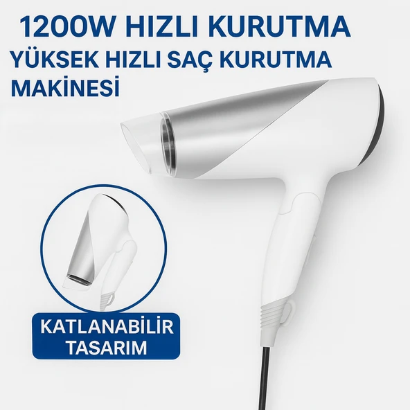 MYBLACK 1200W Güçlü ve Katlanabilir Uzun Süre Kullanılabilir Seyaha  Tipi Saç Kurutma Makinesi