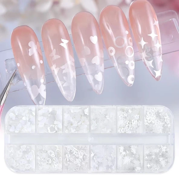 Parlak Beyaz Tırnak Süsleme Folyo Pulları Karışık Dizayn Kelebek Kalp Harfler Yıldızlar Nail Art ürün görseli