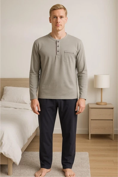 Gd Goldoremi 28301 Erkek 4 Mevsim Rahat Pamuklu Süprem Kumaş Uzun Kollu Pijama Takım - Resim 5