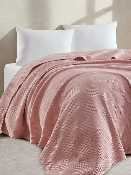 %100 Pamuk Pike Battal Boy Örtü – Karo Desen Pudra Renk, 240x230 cm ürün görseli 1