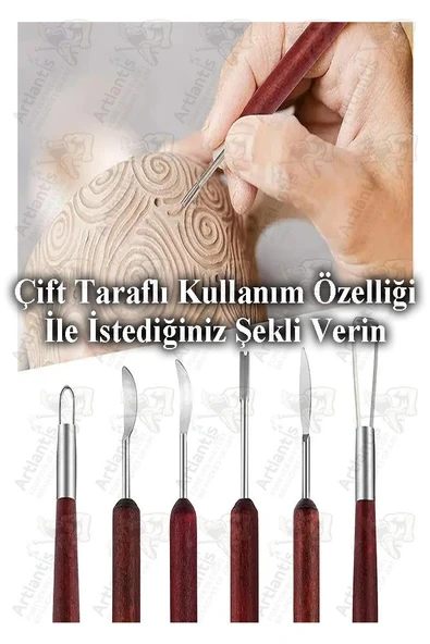 Seramik Kil Çömlek Şekillendirici Ahşap Saplı 6 Parça 1 Paket Seramik Modelaj Oyma ve Temizleme Seti Ebeşuar Heykel Hobi Tasarım - Resim 2