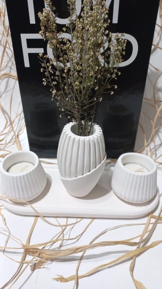 İSKANDİNAV VAZOLU TABAKLI TEALİGHT MUMLUK SET BEYAZ DEKOR - Resim 3