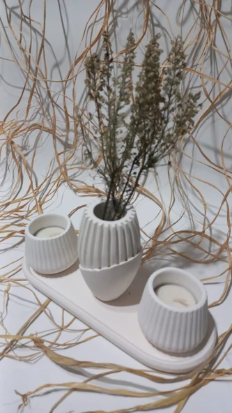 İSKANDİNAV VAZOLU TABAKLI TEALİGHT MUMLUK SET BEYAZ DEKOR ürün görseli 1