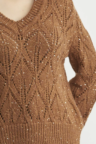 Delikli V Yaka Pullu Triko Kazak - Taba - 5