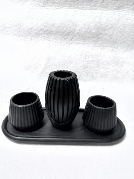 İSKANDİNAV VAZOLU TABAKLI TEALİGHT MUMLUK SET SİYAH DEKOR - Resim 2