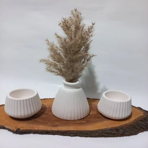 PAMPAS VAZOLU TABAKLI İKİLİ TEALİGHT MUMLUK SET BEYAZ DEKOR - Resim 4