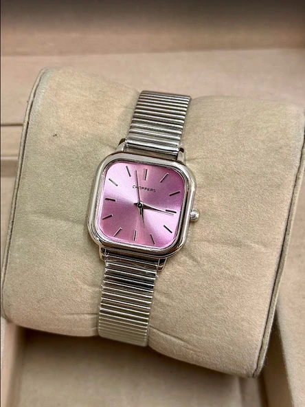 Gümüş Renk Kaplama Çelik Kordon Şık VIP Model Pembe Kare Kadranlı Kadın Saati | Vintage Şıklık ürün görseli 1