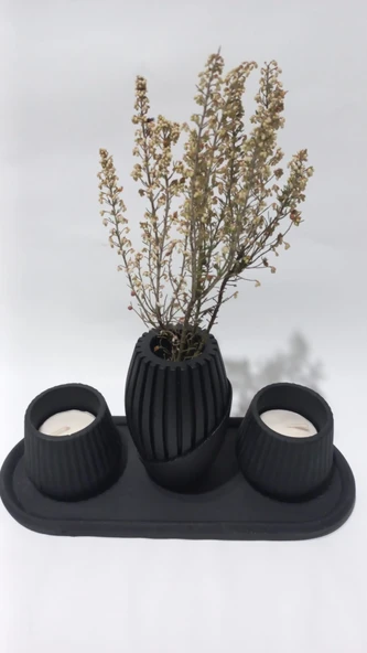 PAMPAS VAZOLU TABAKLI İKİLİ TEALİGHT MUMLUK SET SİYAH DEKOR ürün görseli 1