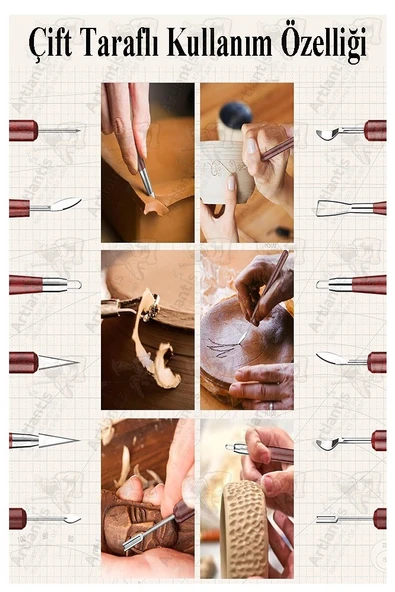 Seramik Kil Çömlek Şekillendirici Ahşap Saplı 6 Parça 1 Paket Seramik Modelaj Oyma ve Temizleme Seti Ebeşuar Heykel Hobi Tasarım - Resim 5