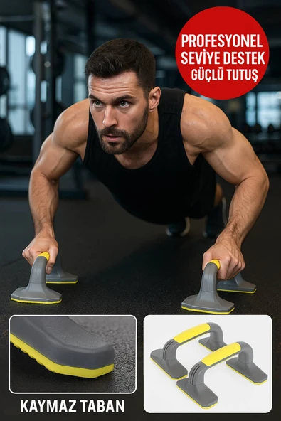 Kaymaz Tabanlı Push-Up Standı – Ev ve Salon Kullanımına Uygun Güçlü Destek Aparatı Sarı ürün görseli