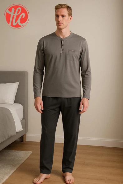 Gd Goldoremi 28301 Erkek 4 Mevsim Rahat Pamuklu Süprem Kumaş Uzun Kollu Pijama Takım - Resim 4