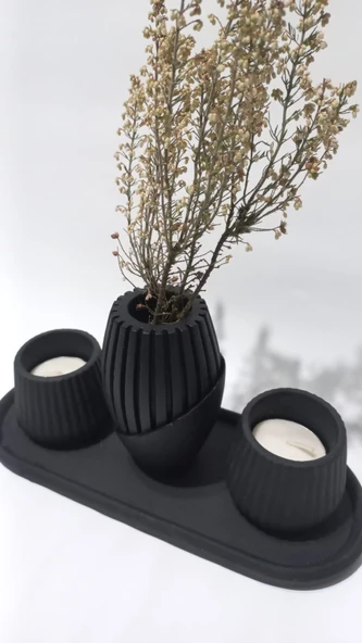 PAMPAS VAZOLU TABAKLI İKİLİ TEALİGHT MUMLUK SET SİYAH DEKOR - Resim 4