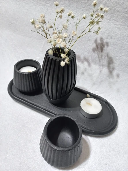 İSKANDİNAV VAZOLU TABAKLI TEALİGHT MUMLUK SET SİYAH DEKOR - Resim 3