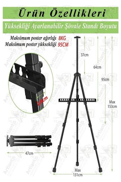 Metal Şövale 1 Adet Siyah Teleskopik Ayaklı Çantalı Resim Şövale Portatif Ayarlanabilir Tripod Üç Ayaklı Alümünyum - 2