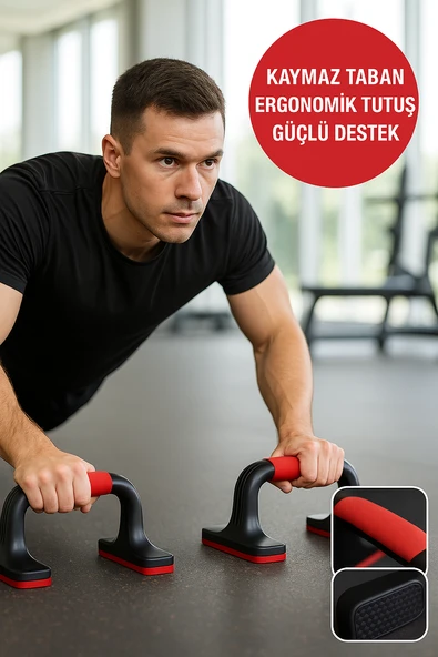 Kaymaz Tabanlı Push-Up Standı – Ev ve Salon Kullanımına Uygun Güçlü Destek Aparatı Kırmızı - Resim 2