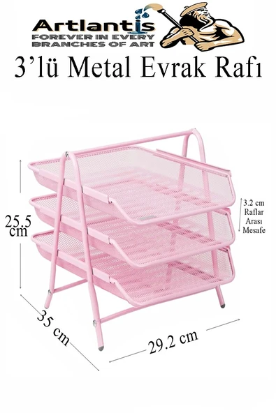 Evrak Rafı Metal 3 lü Pembe 1 Paket Masaüstü A4 Dosya Düzenleyici Kağıt Tepsisi Metal Çelik Fileli Dört Katlı Hareketli - 2