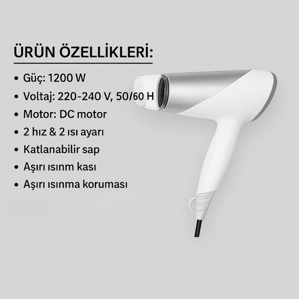 MYBLACK 1200W Güçlü ve Katlanabilir Uzun Süre Kullanılabilir Seyaha  Tipi Saç Kurutma Makinesi - 5
