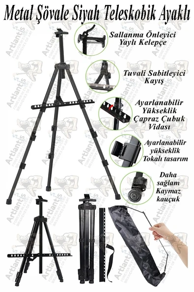 Metal Şövale 1 Adet Siyah Teleskopik Ayaklı Çantalı Resim Şövale Portatif Ayarlanabilir Tripod Üç Ayaklı Alümünyum