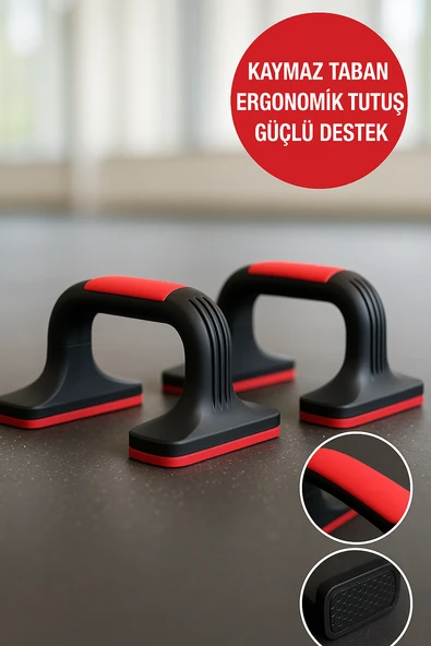 Kaymaz Tabanlı Push-Up Standı – Ev ve Salon Kullanımına Uygun Güçlü Destek Aparatı Kırmızı - Resim 8