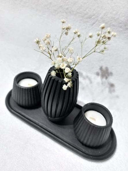 İSKANDİNAV VAZOLU TABAKLI TEALİGHT MUMLUK SET SİYAH DEKOR ürün görseli 1