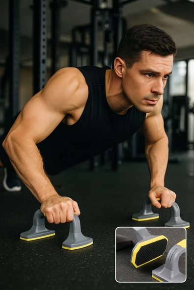 Kaymaz Tabanlı Push-Up Standı – Ev ve Salon Kullanımına Uygun Güçlü Destek Aparatı Sarı - Resim 3