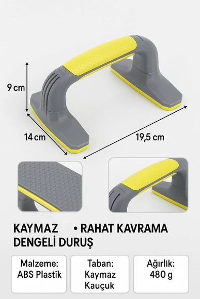 Kaymaz Tabanlı Push-Up Standı – Ev ve Salon Kullanımına Uygun Güçlü Destek Aparatı Sarı - Resim 8