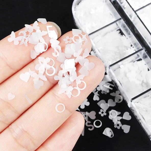 Parlak Beyaz Tırnak Süsleme Folyo Pulları Karışık Dizayn Kelebek Kalp Harfler Yıldızlar Nail Art - Resim 3