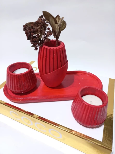 İSKANDİNAV VAZOLU TABAKLI TEALİGHT MUMLUK SET RANDOM DEKOR - Resim 2