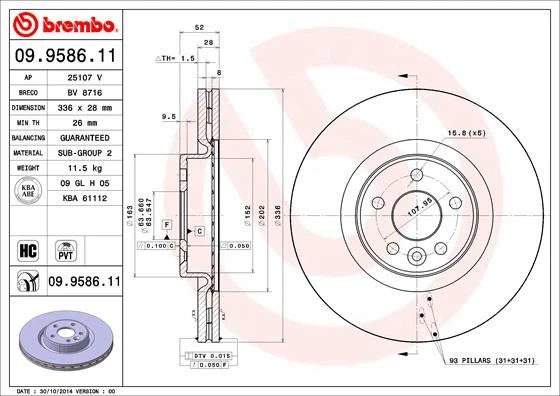 BREMBO 09958611 ON FREN DISK AYNASI HAVALI VOLVO S60 II 10>15 S80 II 06> V60 I 11>15 V70 III 07>15 XC70 II 09>15 336cm CAP 30769057-30736313 ürün görseli 1