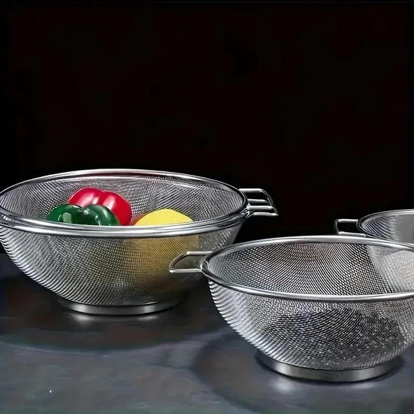 Paslanmaz Çelik Kulplu Tel Çok Amaçlı Makarna Un Meyve Sebze 3'lü Süzgeçi 26 22 20 Cm - Resim 2
